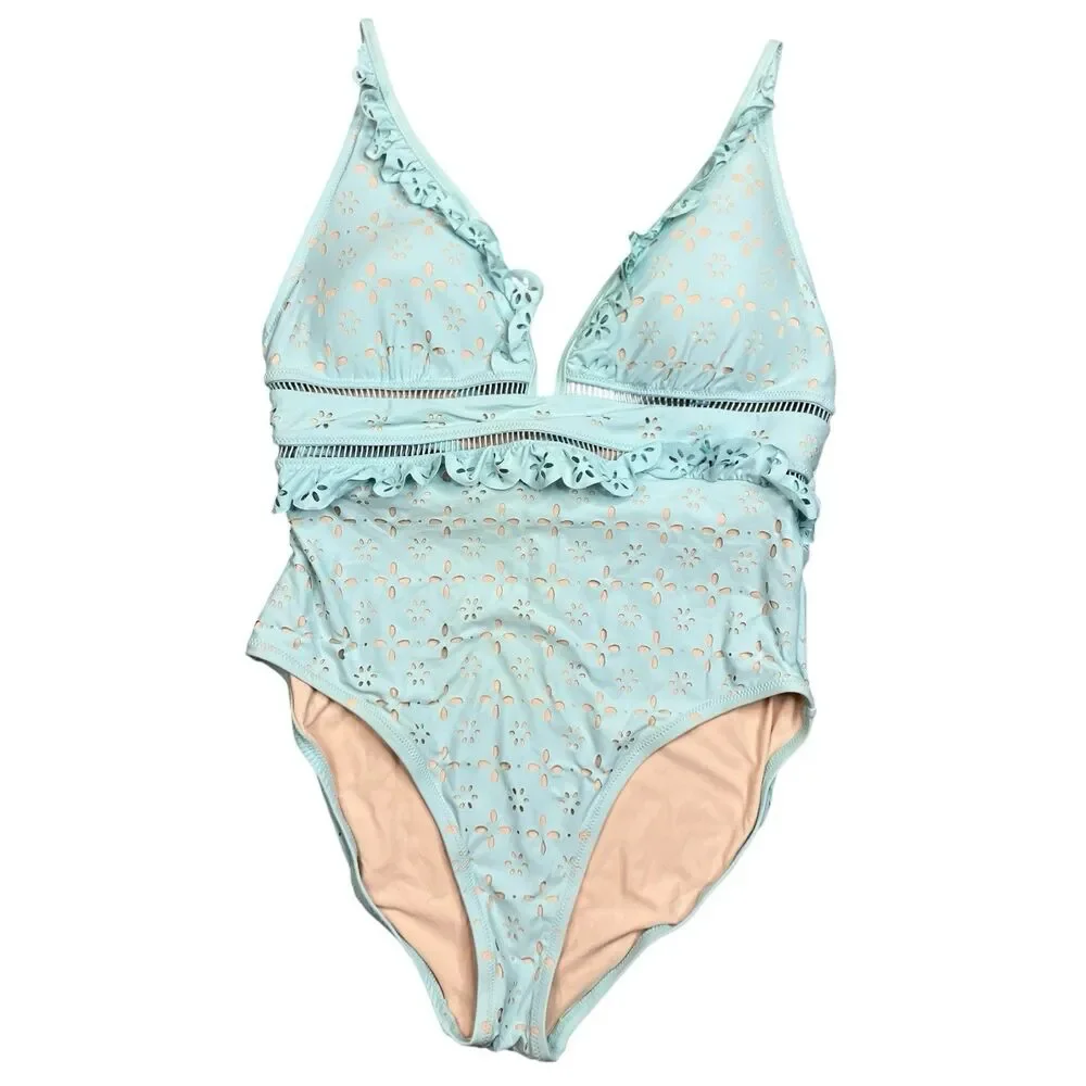 J Crew Eyelet Swimsuit Womens 14 Blue One Piece Ruffle Plunge Scalloped K9136
